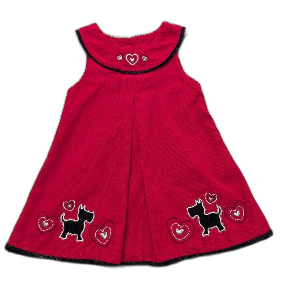 Vintage Girl's Red Corduroy Jumper Dress Scottie Dog Appliques Heart Details 18m